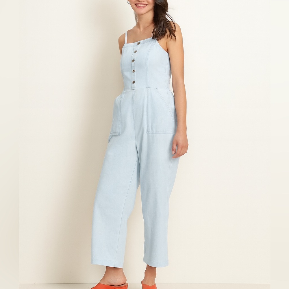 Old Navy Relaxed Wide Cropped Leg Tank Strap Button Down Denim Jumpsuit Blue